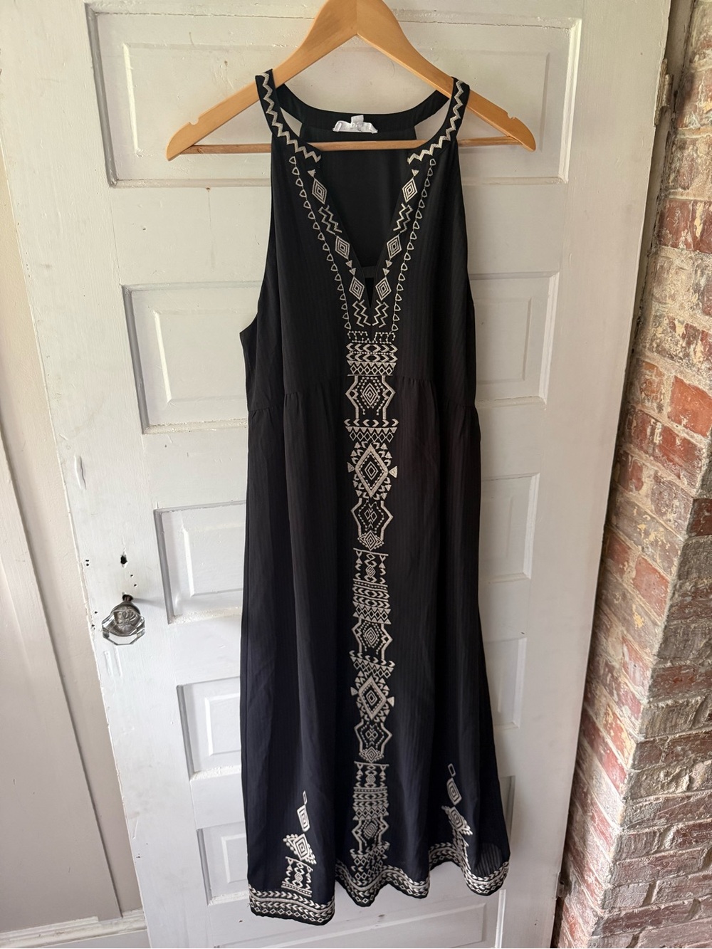 THML Black Maxi Dress with White Geometric Embroidery
